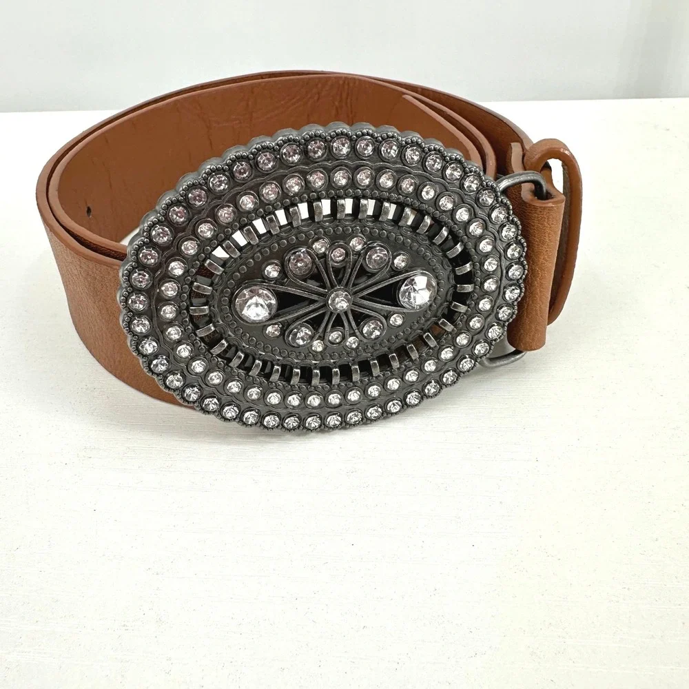 Cognac Brown Faux Leather Belt Oversized Rhinestone Western Buckle Size 5